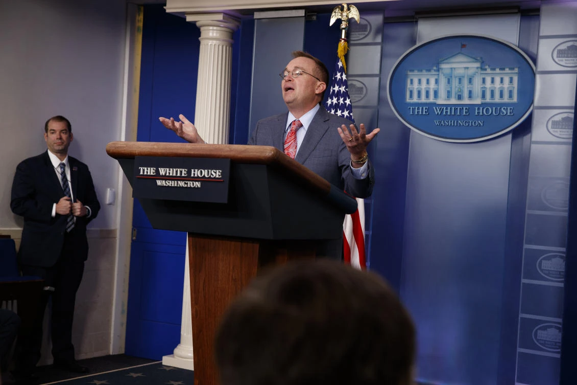White House chief of staff Mick Mulvaney announces that the G7 will be held at Trump National Doral in Washington. (AP)