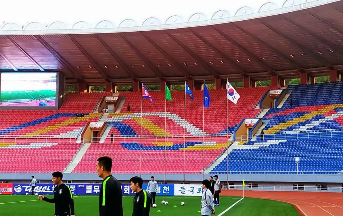 Above, empty stands at the Kim Il Sung Stadium in Pyongyang during the World Cup 2022 qualifying match between the Korean neighbors on October 15, 2019. (KFA/AFP)