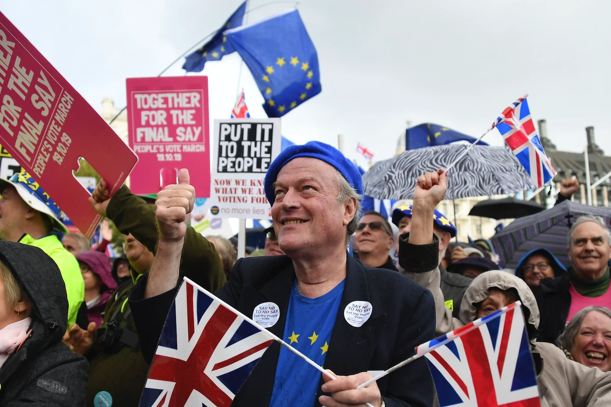 Anti-Brexit supporters cheer outside parliament in London, Saturday, Oct. 19, 2019. (AP)