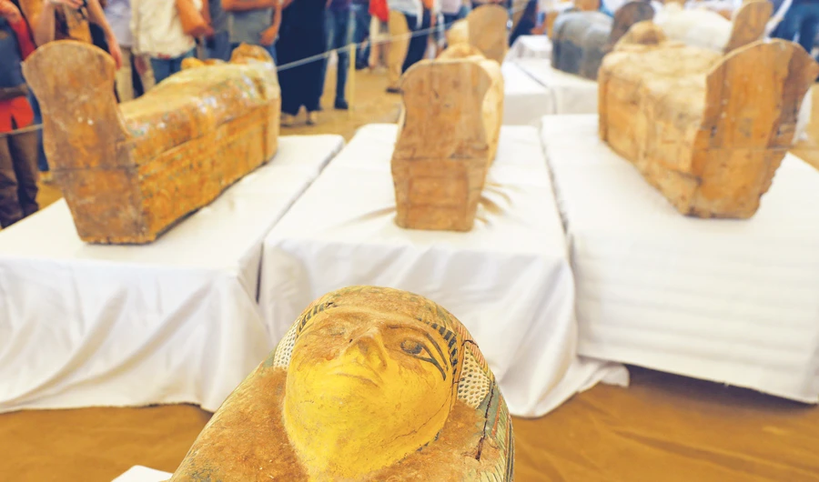 Painted ancient coffins are seen at Al-Asasif necropolis, unveiled by Egyptian antiquities officials in the Valley of the Kings in Luxor on Saturday. (Reuters)