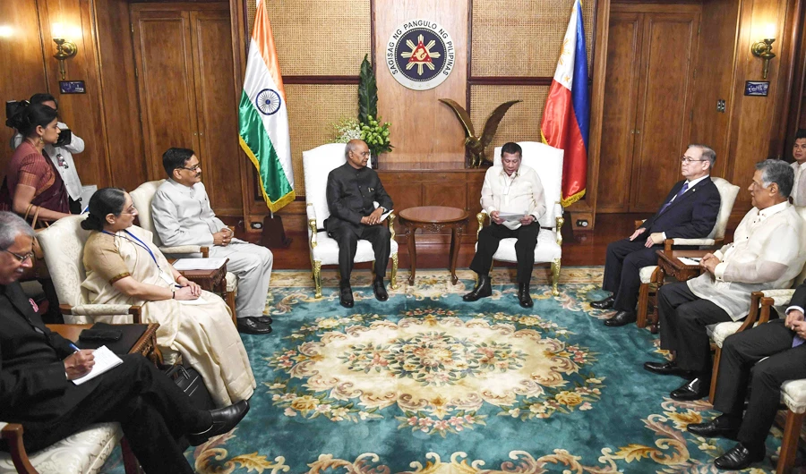 In this handout photograph taken and released by Indian Presidential Palace on October 18, 2019, India's President Ram Nath Kovind (C-L) attends a press conference with Philippines' President Rodrigo Duterte (C-R) at Malacanan Palace in Manila. (AFP)