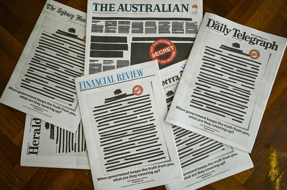 Front pages of major Australian newspapers show a 'Your right to know" campaign, in Canberra, Australia, on October 21, 2019. (AAP Image/Lukas Coch/via REUTERS)