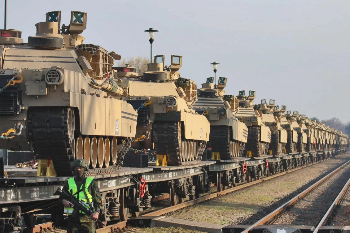 Abrams tanks are seen at a railway station near the Pabrade military base in Lithuania. (AFP)