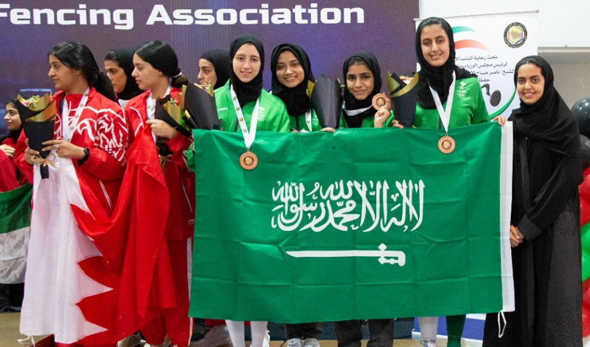The fencing awarding ceremony where Saudi team won the bronze medal. (Supplied)