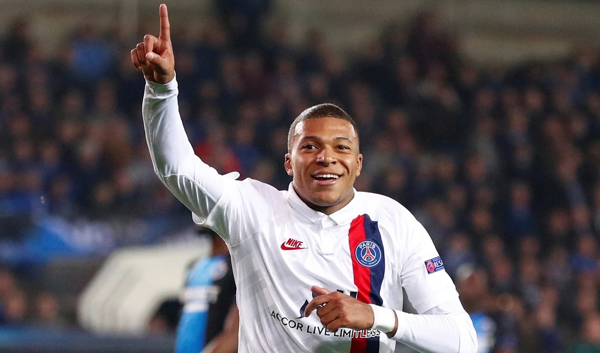 Paris St Germain’s Kylian Mbappe celebrates scoring their fifth goal. (Reuters)