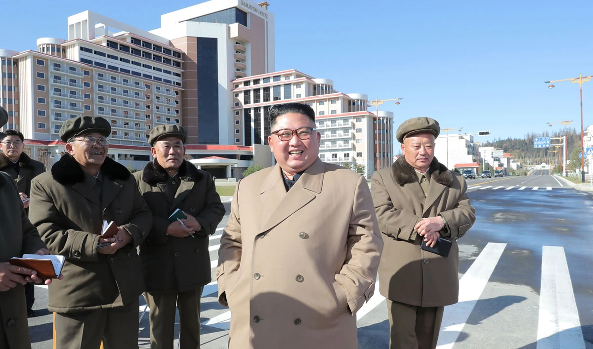 North Korean leader Kim Jong Un (C) inspecting construction sites in Samjiyon County near the country's tallest peak, Mount Paektu. (KCNA VIA KNS / AFP)