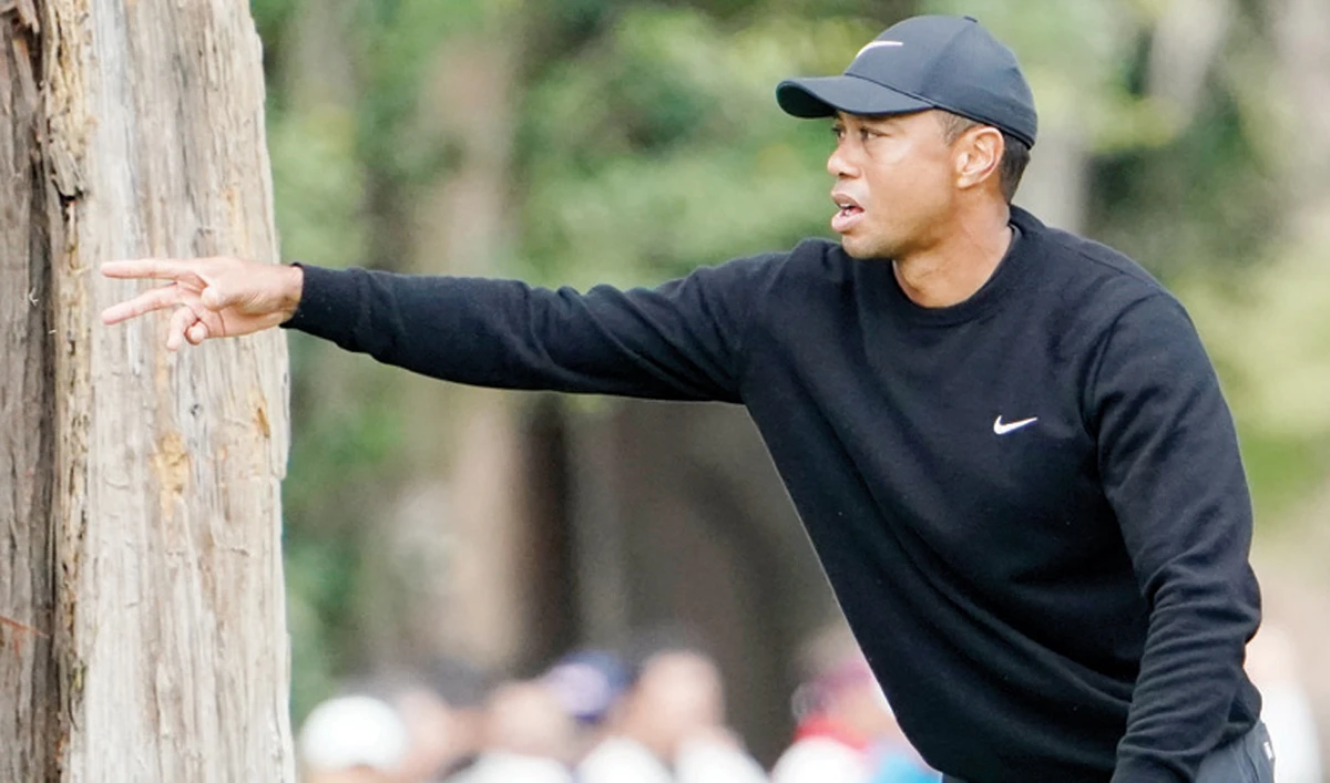 Tiger Woods throws grass into the air on the 9th hole during the first round of the Zozo Championship PGA Tour in Japan on Thursday. (AP)