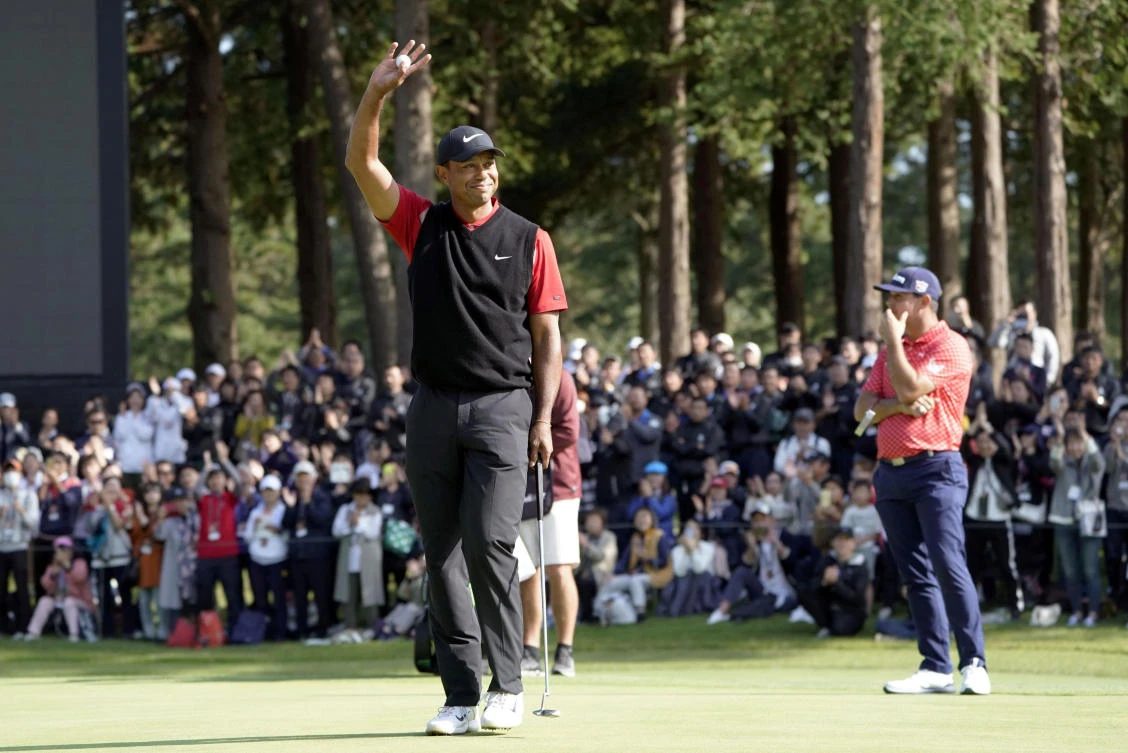 Tiger Woods celebrates his win at the Zozo Championship in Inzai, Chiba Prefecture of Japan on Monday, October 28, 2019. (Kyodo via Reuters)