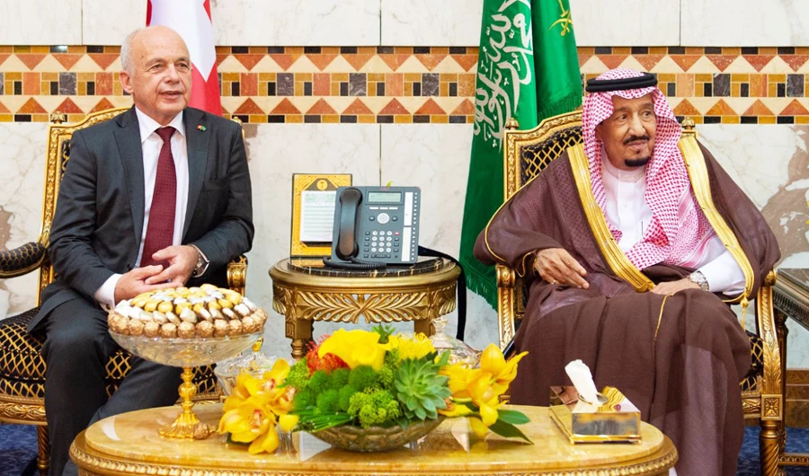 King Salman holds talks with Ueli Maurer, president of the Swiss Confederation, in Riyadh on Monday. They reviewed bilateral ties. (SPA)