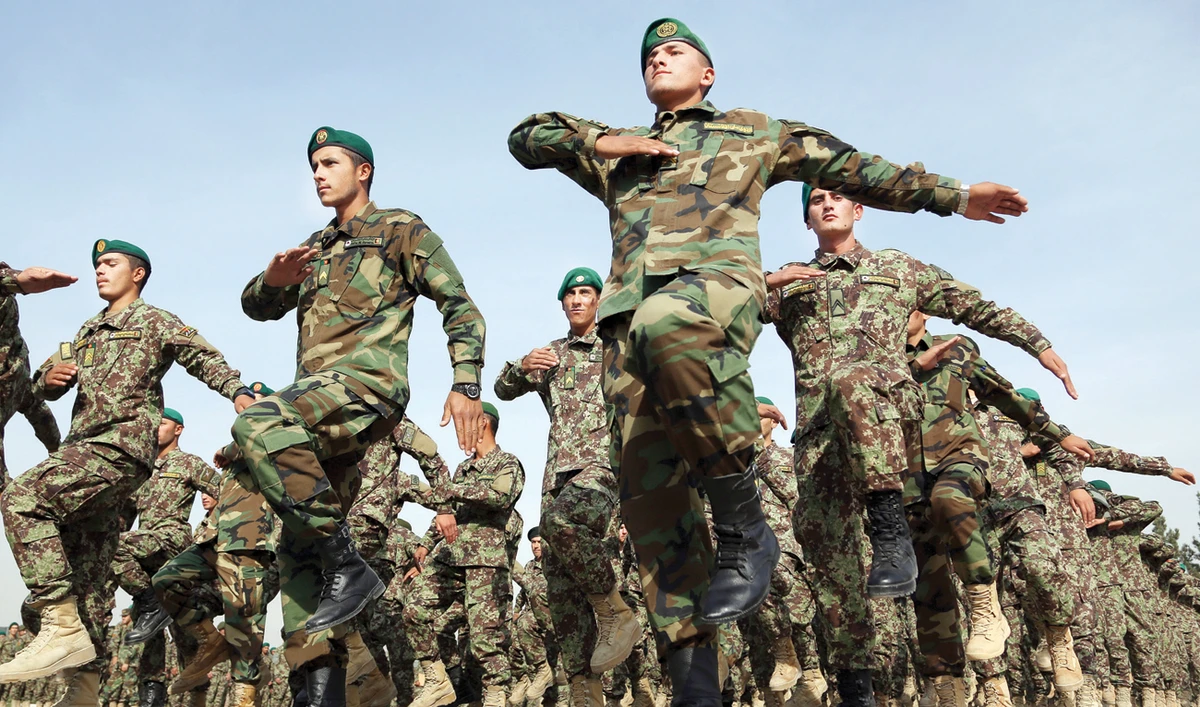 Newly graduated Afghan National Army soldiers march during a ceremony at the Afghan Military Academy in Kabul after a three-month training program. (AP)