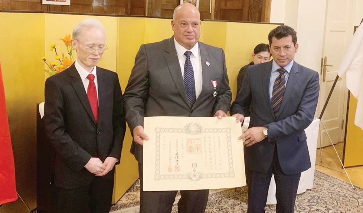 Egyptian judo champion Mohamed Ali Rashwan received the Order of the Rising Sun, Silver Rays from the Japanese ambassador to Egypt in Cairo. (Supplied)
