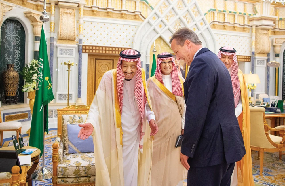 King Salman receiving former British Prime Minister David Cameron on Thursday. (SPA)