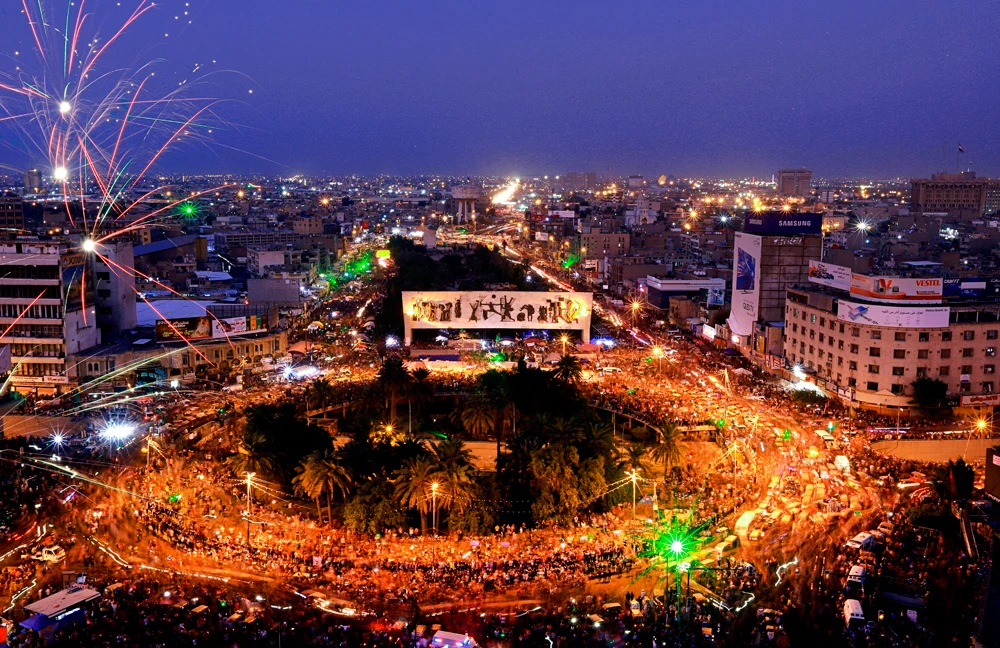 Anti-government protesters gather in Tahrir Square during ongoing protests in Baghdad, Iraq, on Oct. 31, 2019. (AP Photo/Khalid Mohammed)