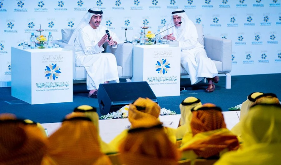 The UAE minister was briefed on its activities in training, studies and research, and its role developing Saudi diplomacy. (SPA)