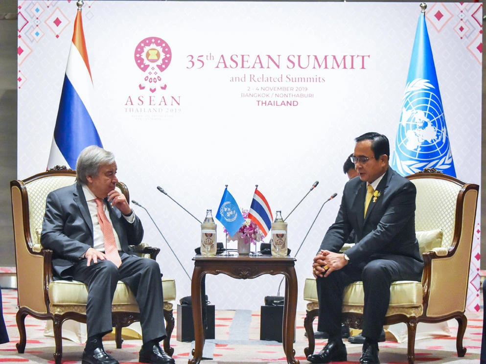 In this handout photo taken and released by 35th ASEAN2019 Summit Secretariat on November 2, 2019, UN Secretary-General Antonio Guterres (L) and Thailand's Prime Minister Prayut Chan-O-Cha meet on the sidelines of the 35th Association of Southeast Asian Nations (ASEAN) summit in Bangkok. (AFP)
