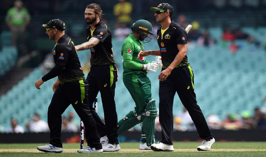 Australia's players react after the dismissal of Pakistan's Haris Sohail (2nd R) during the Twenty20 cicket match between Australia and Pakistan at the Sydney Cricket Ground in Sydney on November 3, 2019. (AFP)