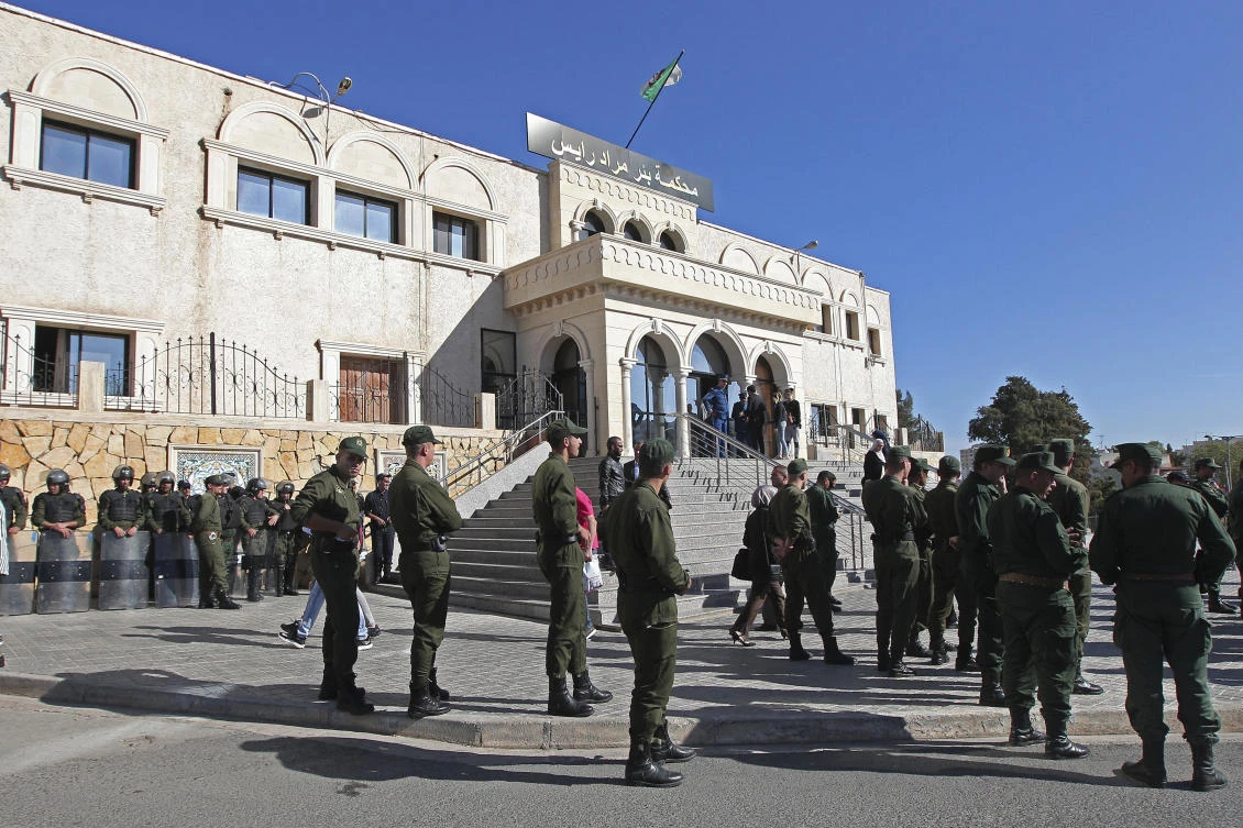 Algerian soldiers guard the Bir Mourad Rais courthouse in Algiers, Monday, Nov.4, 2019 during a hand-over ceremony of a new prosecutor.( AP)