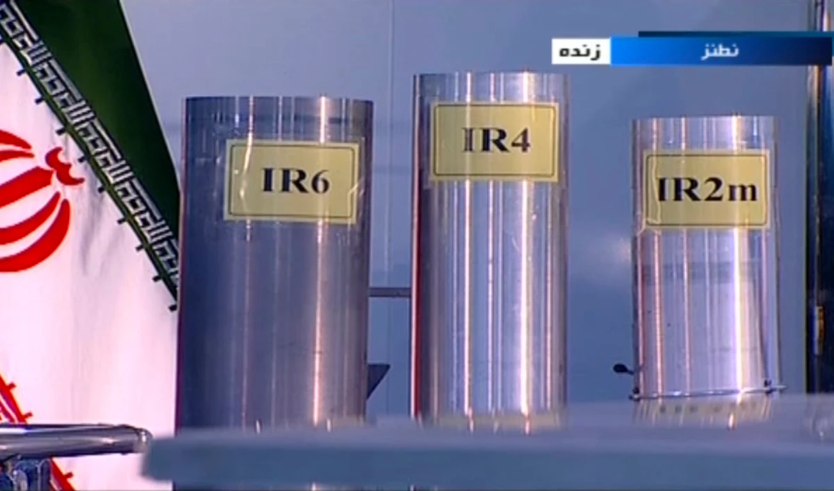 frame grab from the Islamic Republic Iran Broadcasting, IRIB, state-run TV, three versions of domestically-built centrifuges are shown in a live TV program from Natanz, an Iranian uranium enrichment plant, in Iran. (IRIB via AP, File)