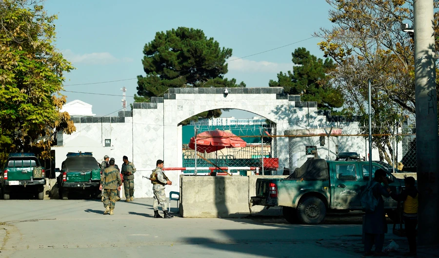 Afghan police personnel stand guard outside Pakistan's embassy, in Kabul on November 4, 2019. (AFP)
