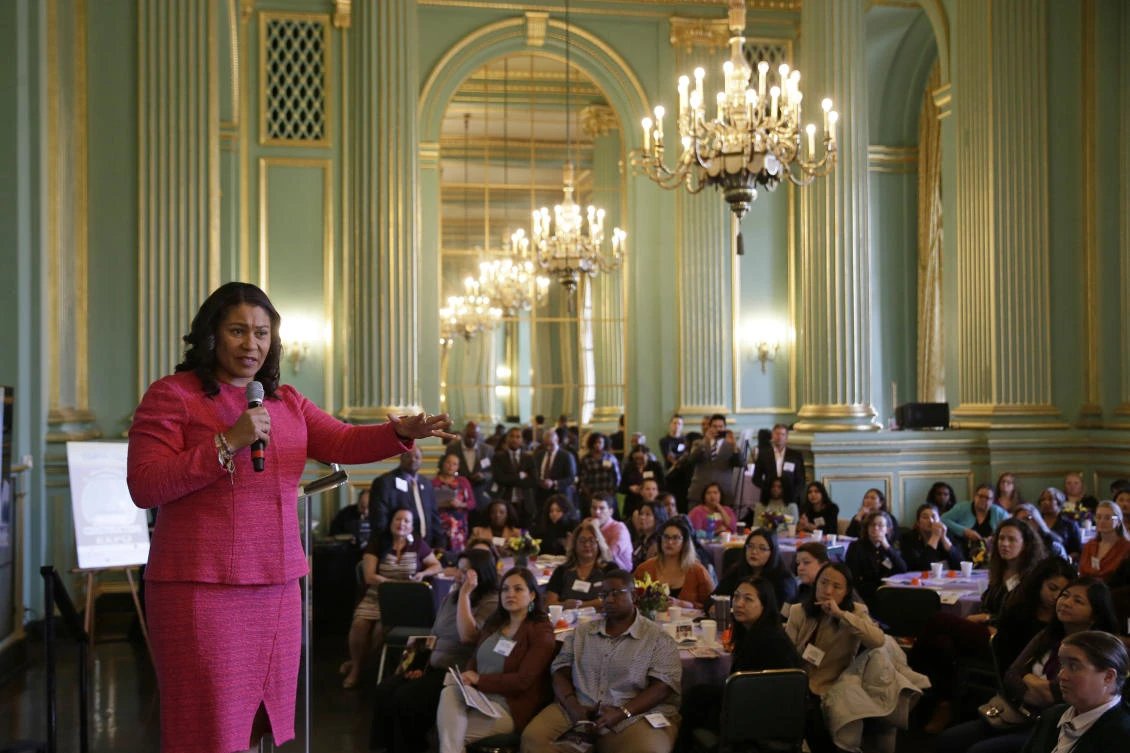 In this photo taken Friday, Nov. 1, 2019, San Francisco Mayor London Breed gestures while speaking at the annual Women In Construction Expo in San Francisco. (AP)