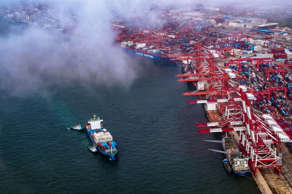 EU agri-food exports to China were worth €12.8 billion in the 12 months from September 2018 to August 2019. Above, a container ship berthing at the port in Qingdao, in China’s eastern Shandong province. (AFP)