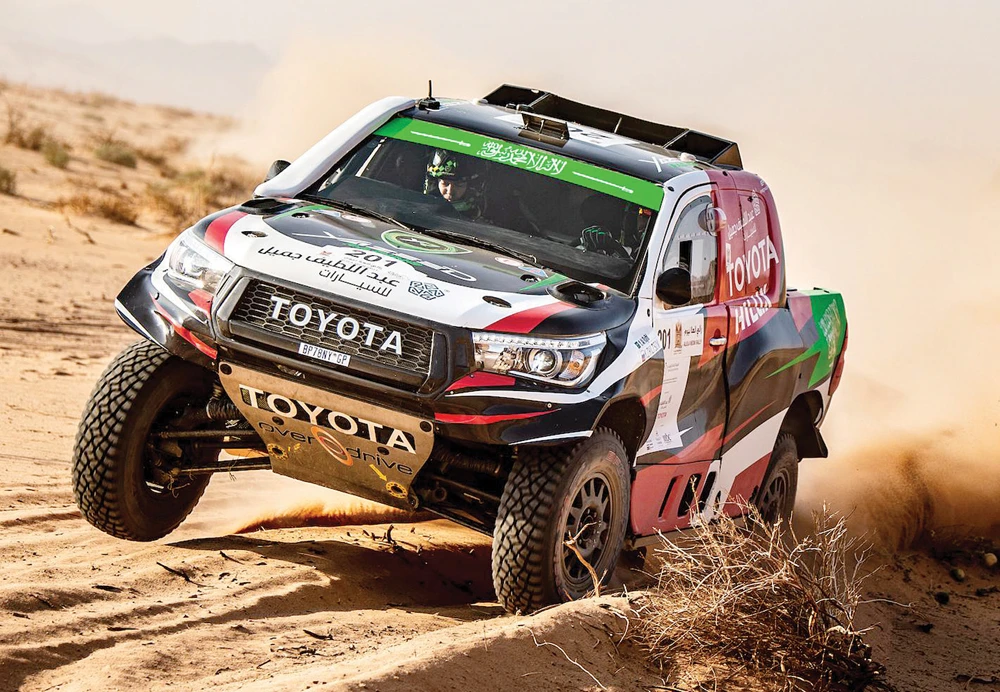 Yazeed Al-Rajhi recorded the fastest time of 1:39:40 in his Toyota Hiluxat the start of the second day of the Saudi Toyota Desert Rally Championship. (Supplied)