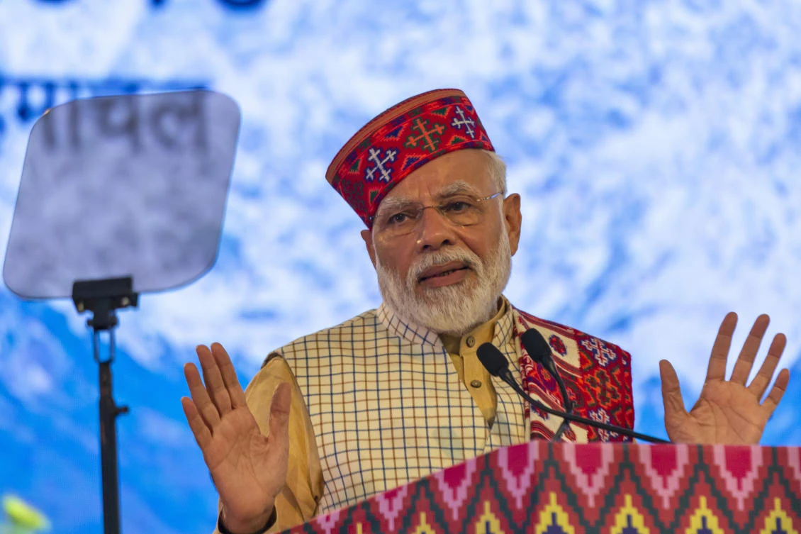 Indian Prime Minister Narendra Modi speaks at a global investors' meet in Dharmsala, India, Thursday, Nov. 7, 2019. The two day global meet will end Friday. (AP)