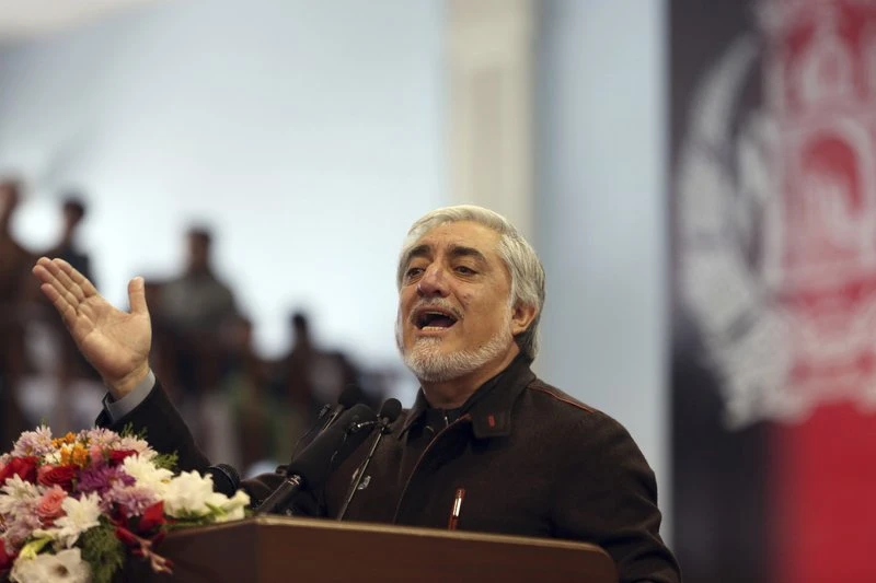Afghan presidential candidate Abdullah Abdullah speaks to his supporters at a gathering in Kabul, Afghanistan, Sunday, Nov. 10, 2019. Abdullah has unilaterally withdrawn his team's election observers from an official recount of ballots ahead of long-delayed election results. (AP Photo)