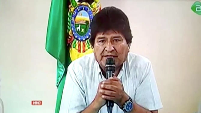 Bolivia's President Evo Morales annouces his resignation in Lauca N, Cochabamba, Bolivia, on November 10, 2019 in this still image taken from Bolivian Government TV. (REUTERS)