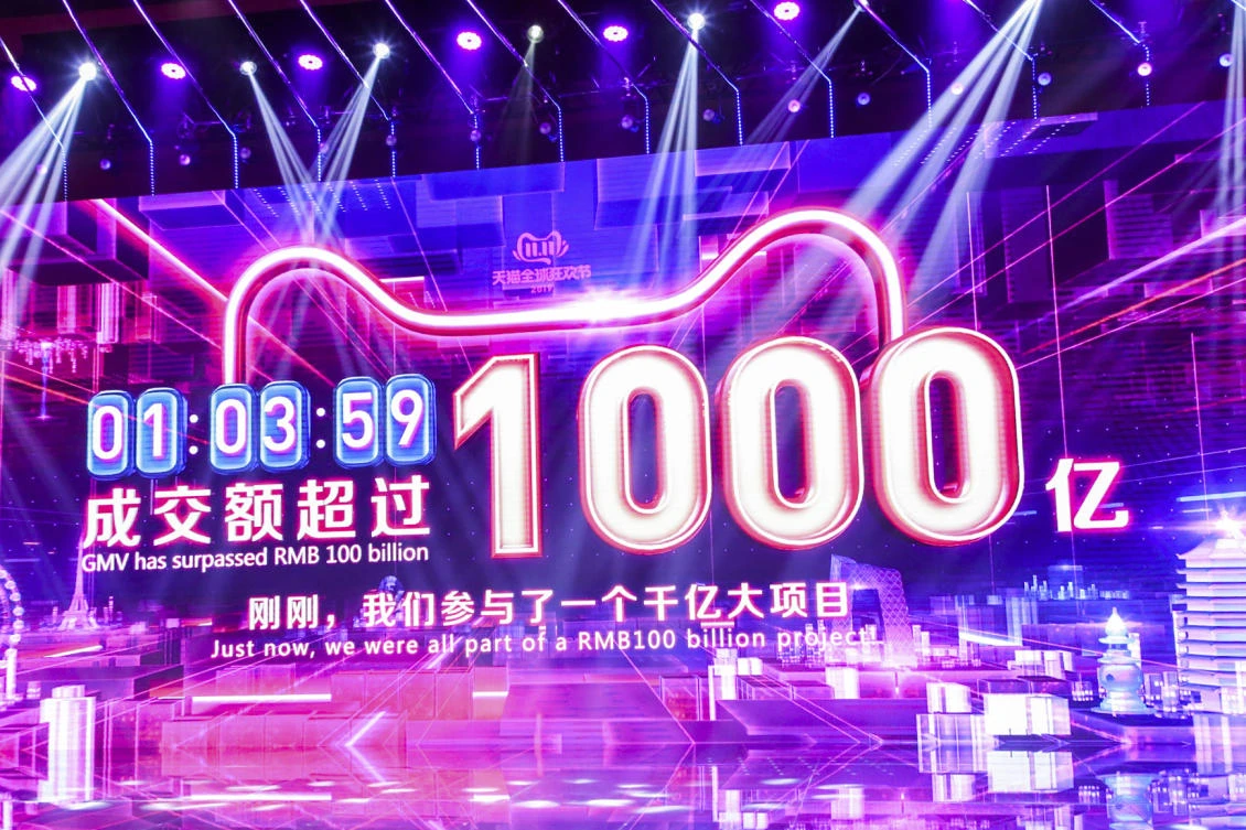A big screen shows the online sales for e-commerce giant Alibaba surpassed 100 billion yuan or $14 billion at 01:03:59 after the Nov. 11 shopping festival started midnight in Shanghai. (Chinatopix via AP)