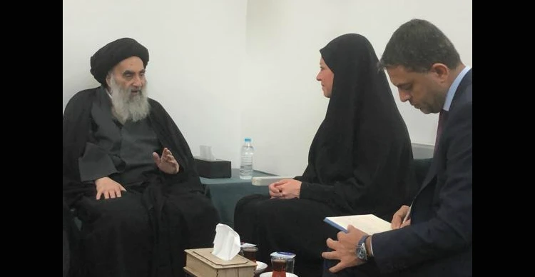 Jeanine Hennis-Plasschaert, the UN's special representative to Iraq, in a meeting with Grand Ayatollah Ali Al-Sistani in Najaf to discuss the series of reforms put forward by the UN a day earlier. (Supplied)