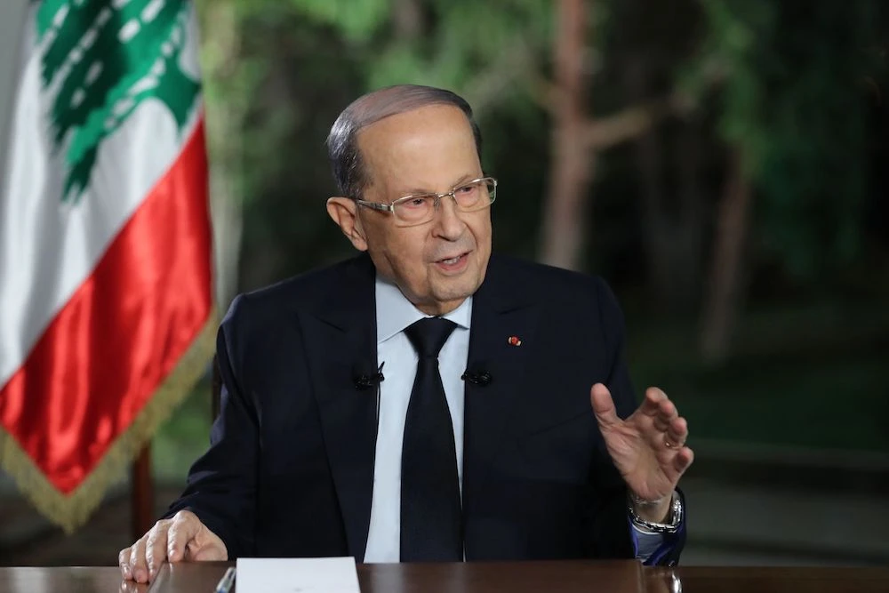 Lebanon's President Michel Aoun speaking during a televised interview at the presidential palace in Baabda. (AFP)