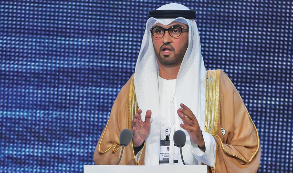 ADNOC chief Sultan Ahmed Al-Jaber speaks during the opening ceremony of the Abu Dhabi International Petroleum Exhibition and Conference on Monday. (AFP)