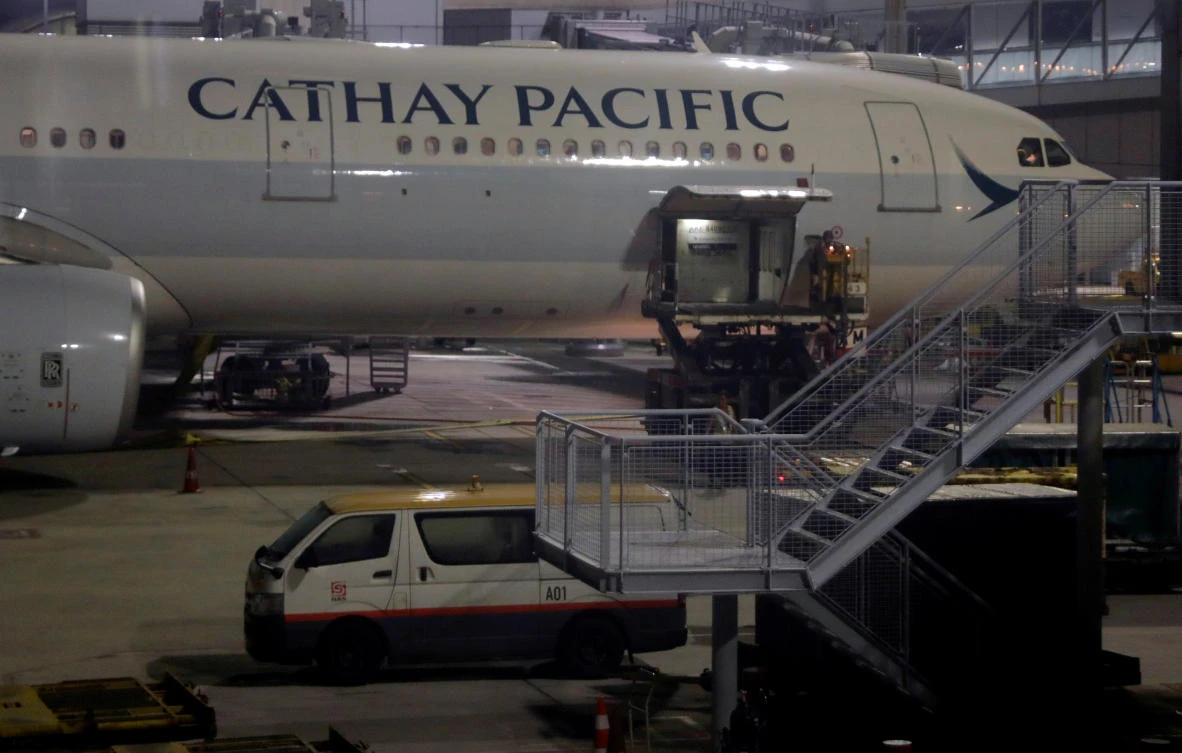 Workers service a Cathay Pacific flight at Hong Kong International Airport, China September 3, 2019. (Reuters)