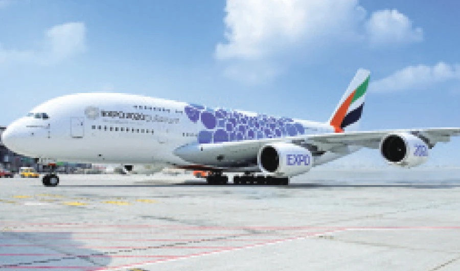 Emirates’ latest generation Airbus A380 at the Dubai Airshow is dressed in the blue Expo 2020 livery, representing ‘mobility.’