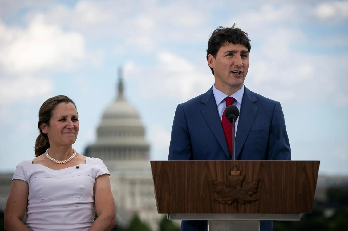 Canadian Prime Minister Justin Trudeau may move Foreign Minister Chrystia Freeland, left, into a new job in the cabinet reshuffle. (Reuters)