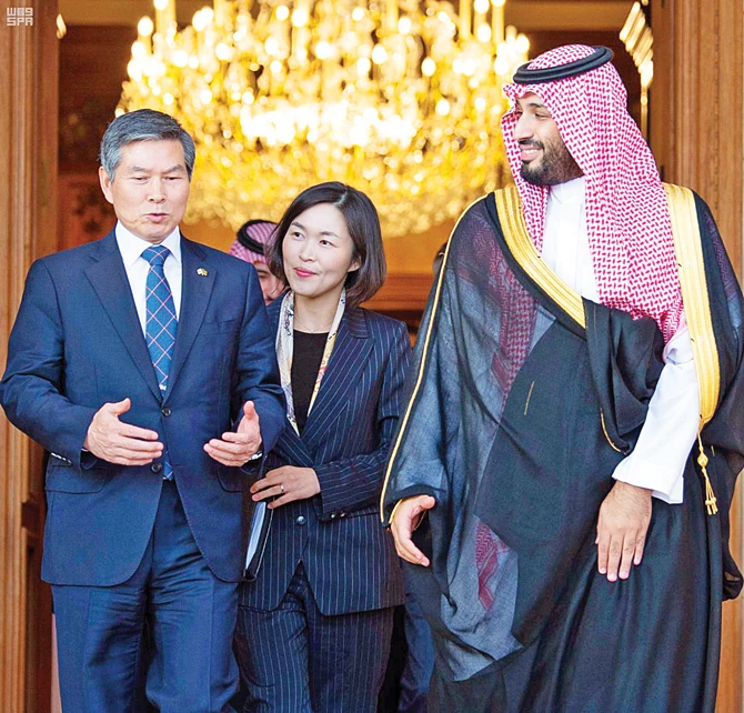 Crown Prince Mohammed bin Salman receives South Korea’s National Defense Minister Jeong Kyeong-doo in Riyadh on Wednesday. (SPA)