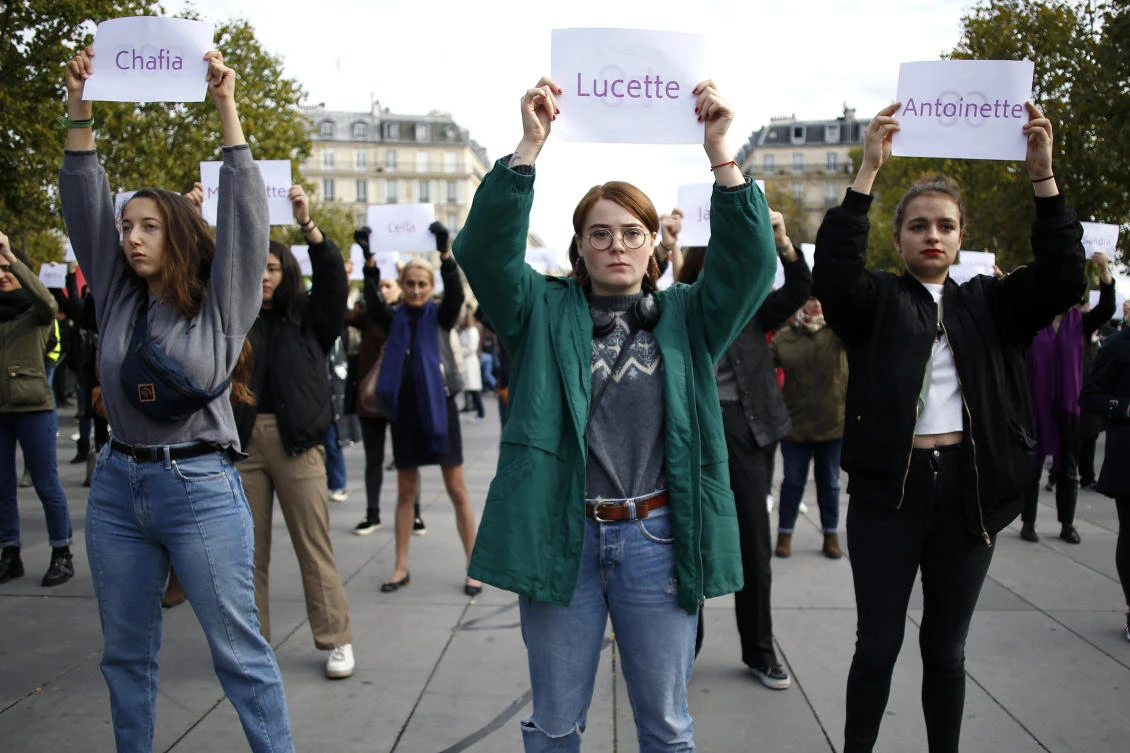 Women hold placards with the names of women killed by their partners, during a protest, in Paris. France, on Oct.19, 2019 . (AP/File Photo)