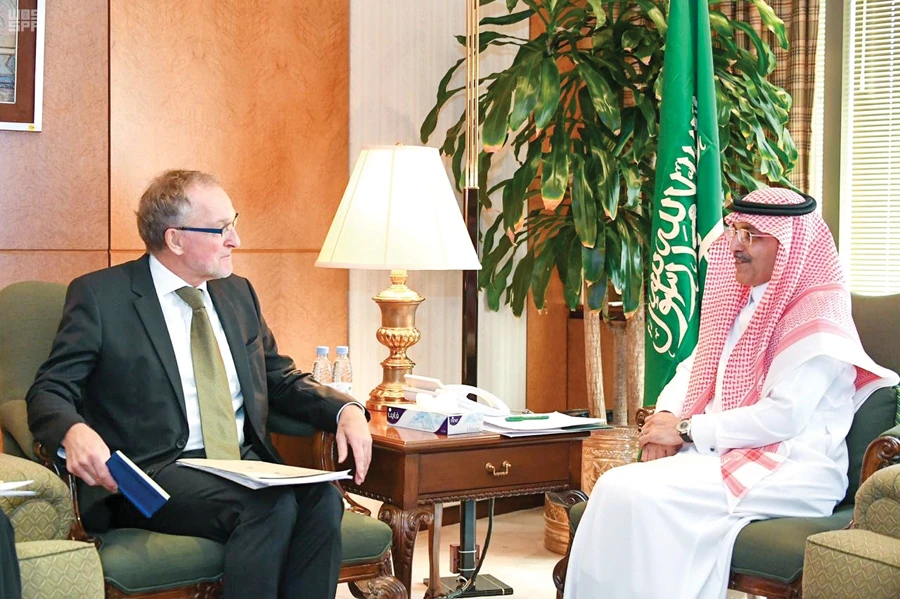Minister of Finance Mohammed Al-Jadaan meets German Ambassador to Saudi Arabia Jorg Ranau in Riyadh. (SPA)
