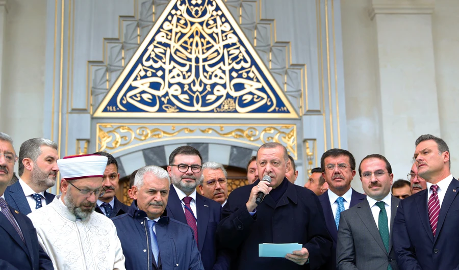 Turkish President Recep Tayyip Erdogan speaks during an inauguration ceremony for a newly built mosque in Aegean city of Izmir. (AP)