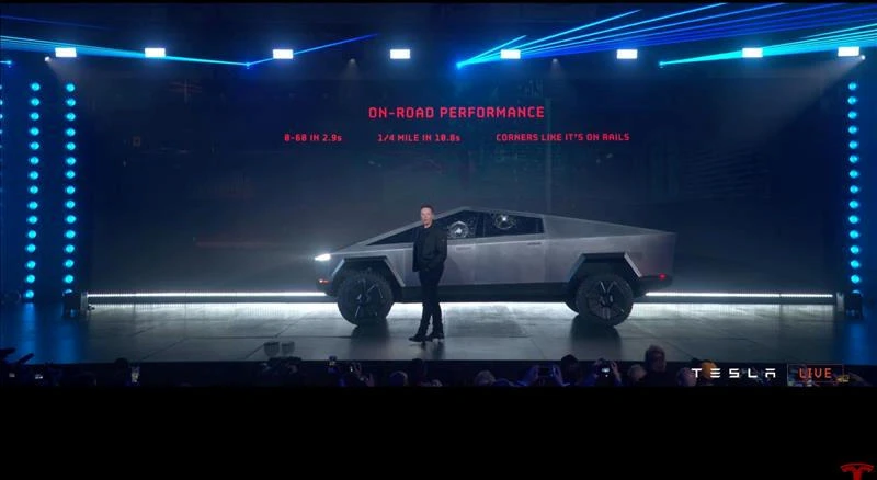 Tesla chief executive Elon Musk unveils the company’s first electric pickup truck, the Cybertruck, in Los Angeles, California on November 21, 2019. (Tesla via Reuters)