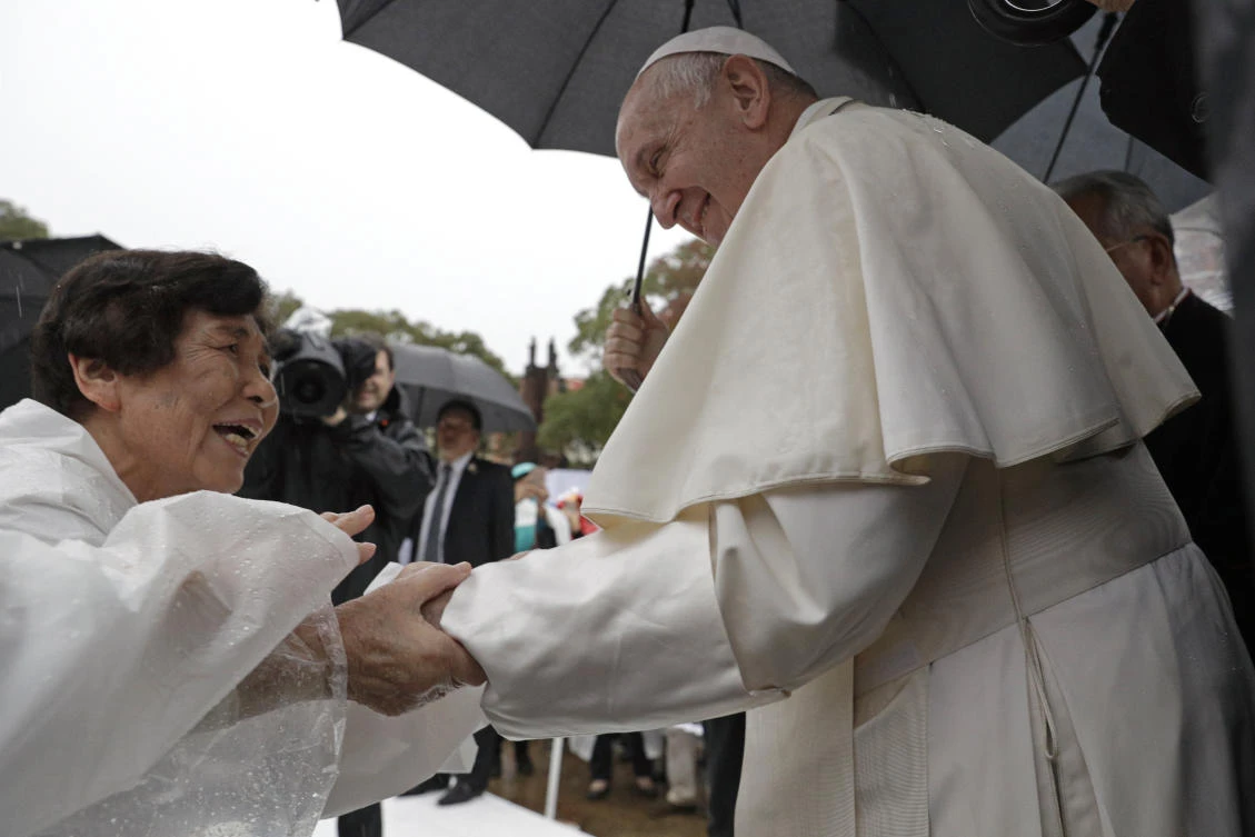 Pope Francis meets the faithful at the Atomic Bomb Hypocenter Park on Sunday, Nov. 24, 2019, in Nagasaki. (AP)