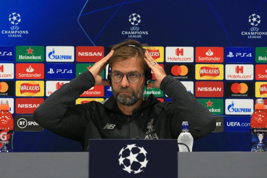 Liverpool’s German manager Jurgen Klopp takes part in a press conference at Melwood in Liverpool ahead of their UEFA Champions League clash against Napoli, in which he said he is not worried about the fitness of Mohamed Salah. (AFP)