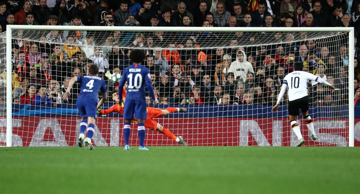 Chelsea’s Kepa Arrizabalaga saves a penalty from Valencia’s Dani Parejo at the Mestalla. (Reuters)