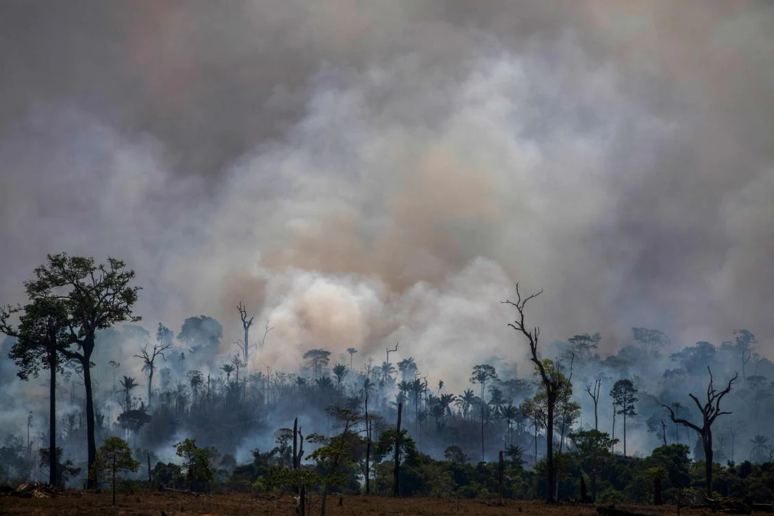 Smoke rises from forest fires in Altamira of Brazil’s Amazon basin. Four people accused of starting fires in the Amazon rainforest to later receive international funds to combat them were arrestd on November 26. (AFP)