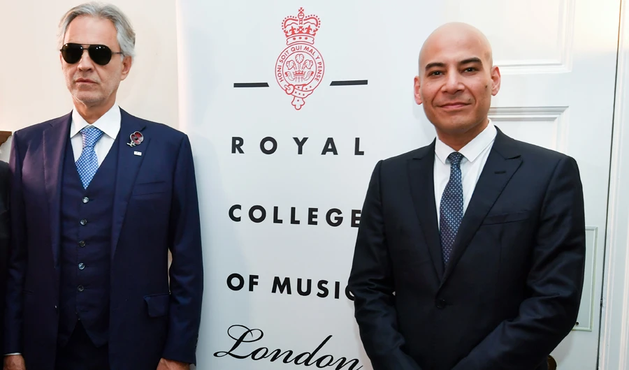 World-famous singer Andrea Bocelli and Fady Jameel, president, International of Community Jameel, at the Royal College of Music (RCM) in London.