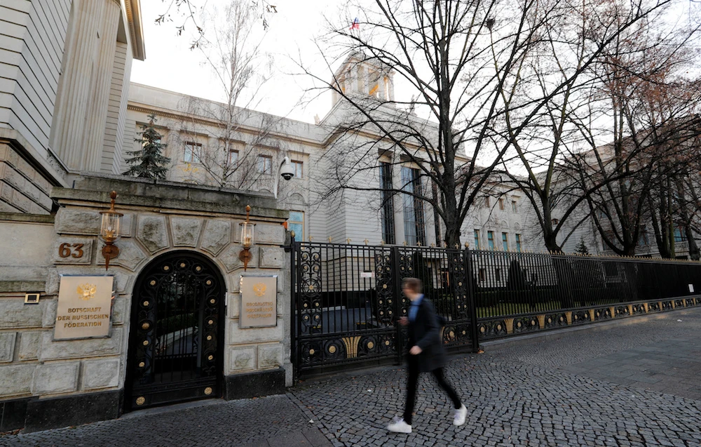 A general view shows the Russian embassy after Germany expelled two Russian diplomats in Berlin, Germany, December 4, 2019. (Reuters)