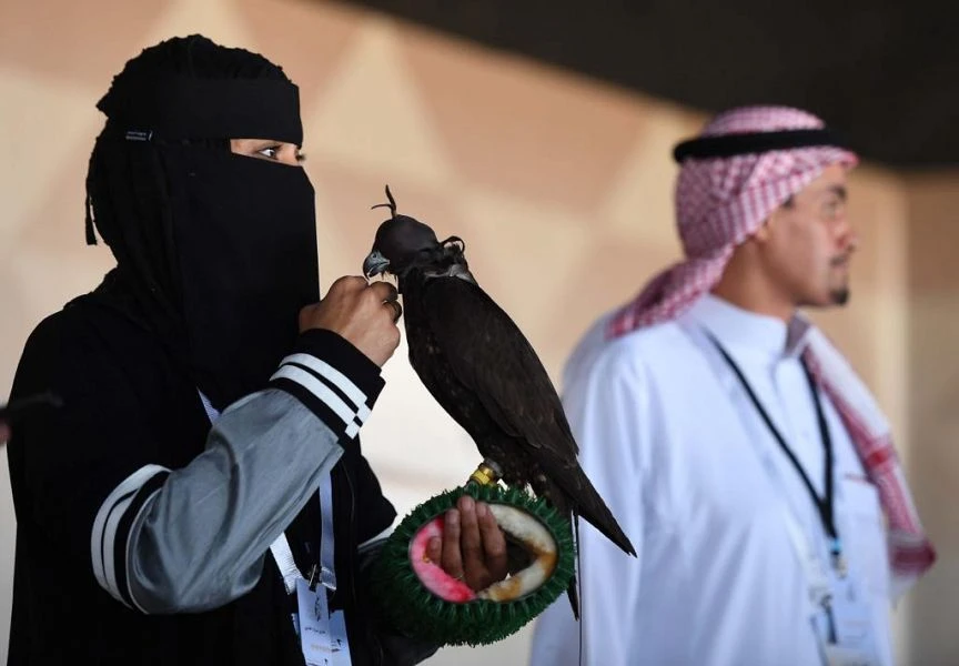 Adhari Al-Khaldi took part in the 400-meter Al-Milwah competition with her falcon, Sattam. (SPA)