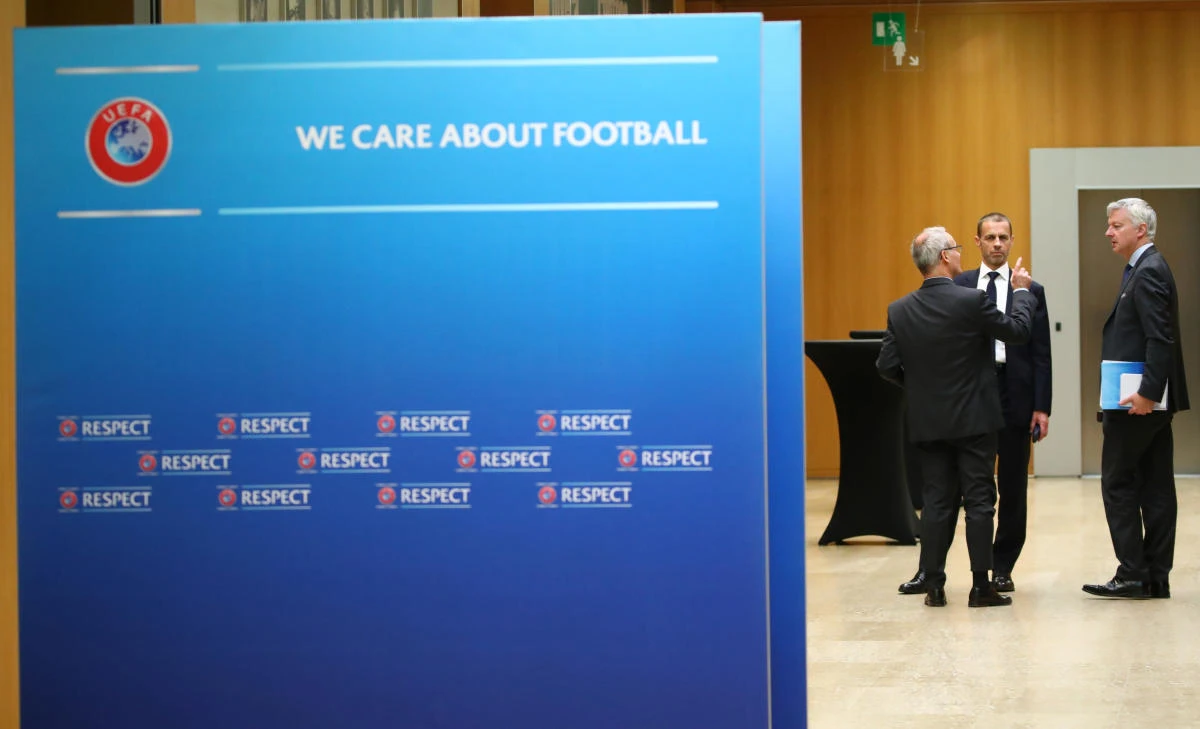 UEFA President Aleksander Ceferin, UEFA Director of Competitions Giorgio Marchetti and UEFA Director of Communications Philip Townsend. (Reuters)