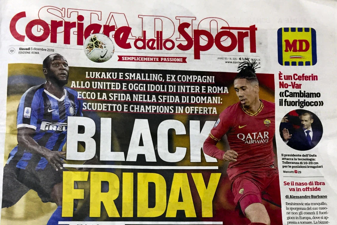 Corriere dello Sport on Thursday ran photos of Roma defender Chris Smalling and Inter Milan striker Romelu Lukaku ahead Friday’s match between the teams in Milan on Friday. (AP Photo)